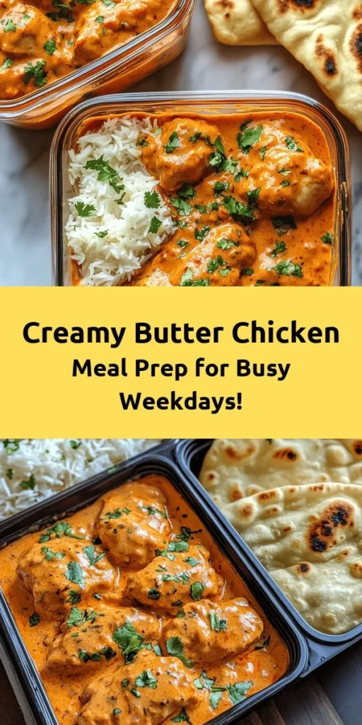 Looking for a delicious meal prep idea? Try this creamy butter chicken recipe! Tender chicken thighs marinated in a rich blend of spices and yogurt, simmered with tomatoes and heavy cream for a mouthwatering result. Serve it over fluffy basmati rice and alongside freshly made garlic naan for the perfect meal. Easy to prepare and store, this dish makes 4 servings and stays fresh in your fridge for days. Get ready to impress your taste buds!