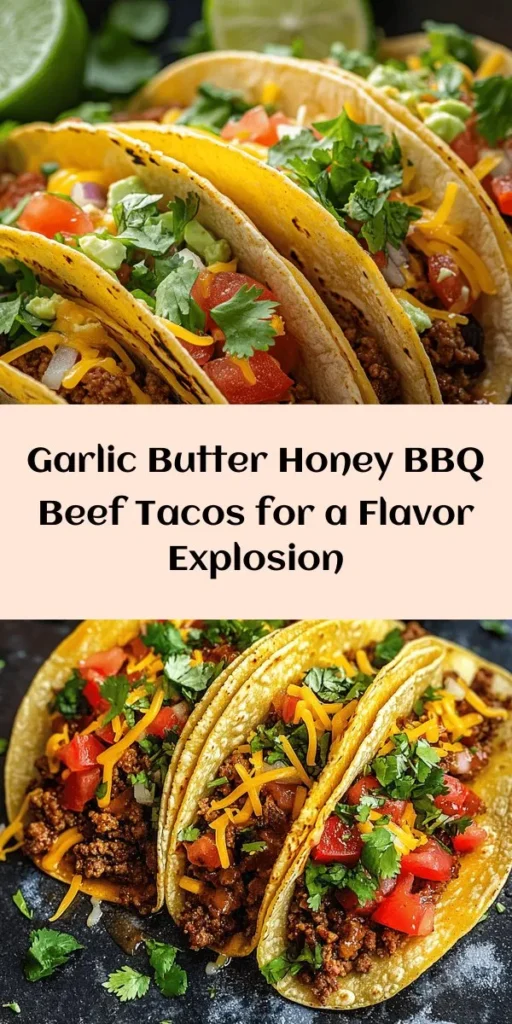 Savor the irresistible flavors of these Garlic Butter Honey BBQ Beef Tacos! Ground beef is perfectly cooked and tossed in a delicious garlic butter BBQ sauce, creating a mouthwatering filling for your tortillas. Topped with fresh lettuce, juicy tomatoes, and melty cheese, these tacos are a crowd-pleaser at any gathering. Quick and easy to make in just 25 minutes, they're perfect for busy weeknights or fun family dinners! Don't forget the lime wedges for a fresh kick! 🌮✨