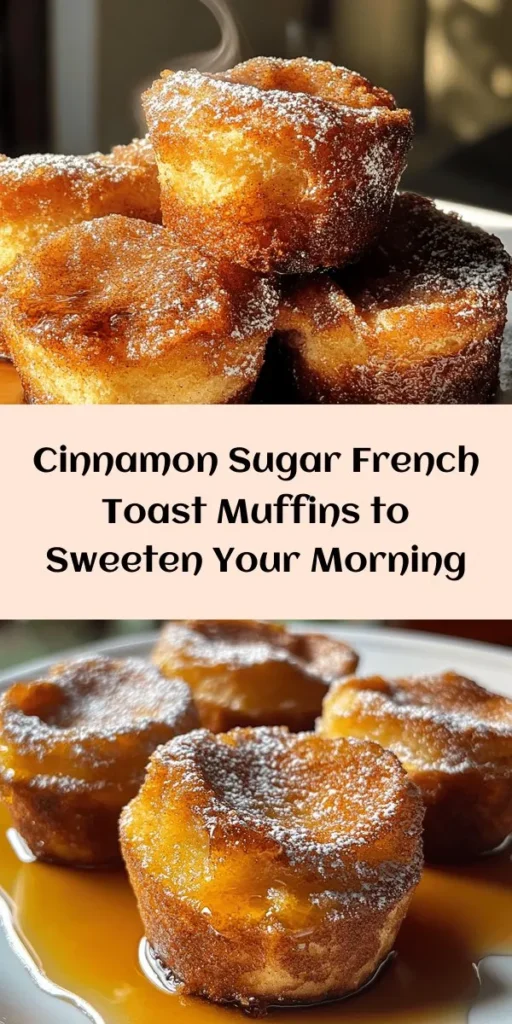 Indulge in these delicious Cinnamon Sugar French Toast Muffins, the perfect treat for breakfast or brunch! Made with buttery French bread soaked in a rich custard of eggs, milk, and warming spices, these muffins are irresistibly comforting. Topped with a sweet cinnamon-brown sugar mixture, they come out golden and fluffy. Enjoy them warm, dusted with powdered sugar or drizzled with maple syrup. Treat yourself to this delightful recipe today!