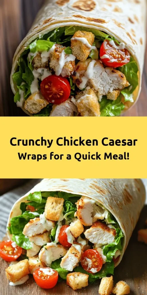 Looking for a quick and delicious meal? Try this Crunchy Chicken Caesar Wrap! Packed with tender chicken, fresh romaine, and cherry tomatoes, all tossed in zesty Caesar dressing, it’s a satisfying lunch or dinner option. Customize with croutons for added crunch and enjoy wrapped in a soft tortilla. Perfect for meal prep or a family lunch, this recipe is ready in just 15 minutes. Easy, tasty, and sure to please everyone!
