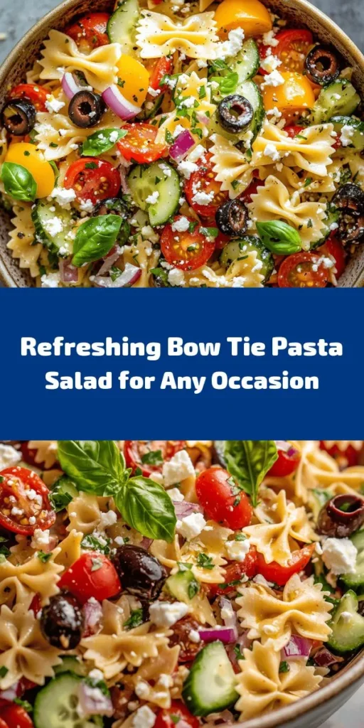 Looking for a refreshing and colorful dish? This Bow Tie Pasta Salad Delight is perfect for gatherings or a light meal! Packed with cherry tomatoes, cucumber, bell pepper, and olives, it's tossed in a zesty olive oil and red wine vinegar dressing. The addition of feta cheese and fresh basil makes it irresistible. Easy to make and chilled for maximum flavor, this salad is a must-try. Get ready to impress your guests with this delicious combination!