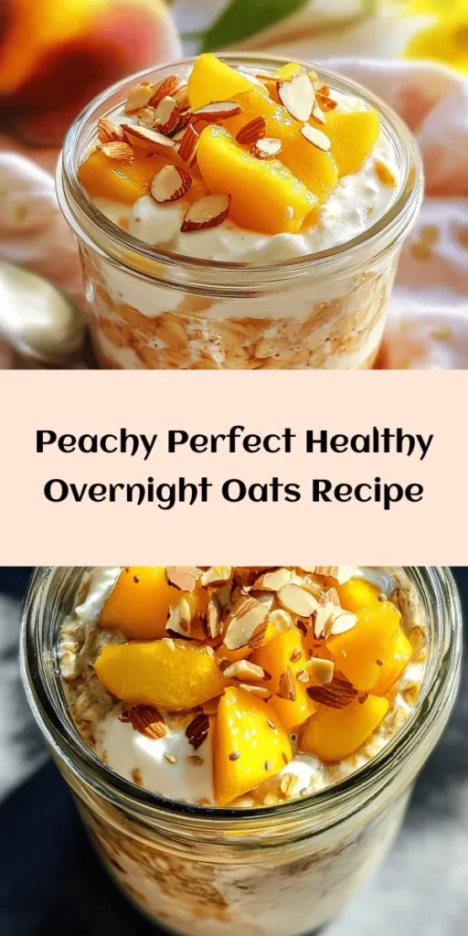 Start your mornings off right with these healthy and delicious overnight oats featuring juicy peaches! This easy recipe takes just 10 minutes to prepare and is perfect for meal prepping. Combine rolled oats, almond milk, chia seeds, and delicious peaches, then let it chill overnight. In the morning, add Greek yogurt for creaminess and top with extra peaches and toasted nuts for a satisfying crunch. Perfect for a nutritious breakfast on the go!