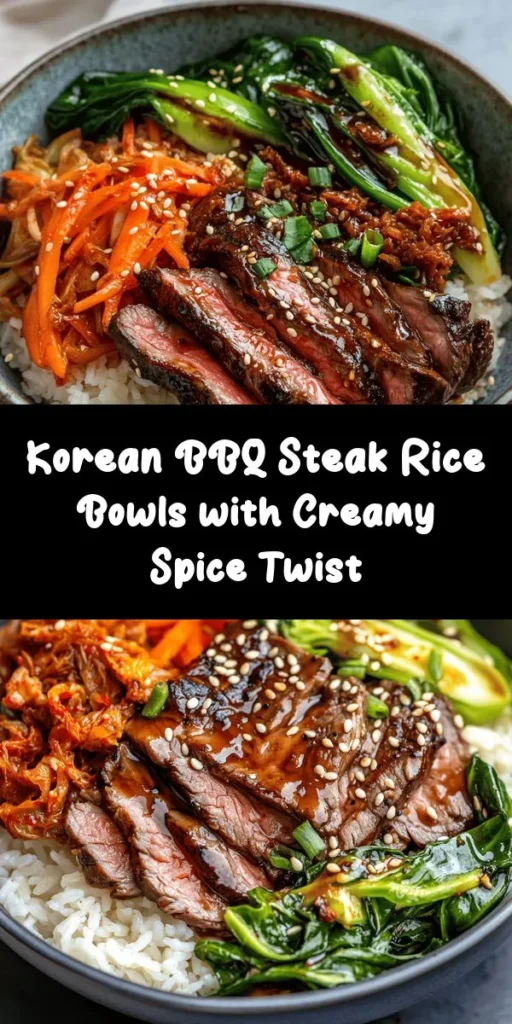 Elevate your dinner with these mouthwatering Korean BBQ Steak Rice Bowls topped with a spicy cream sauce! Perfect for a flavorful meal, this recipe features marinated steak grilled to perfection, served on a bed of jasmine rice with sautéed bok choy, kimchi, and fresh veggies. Drizzle with a creamy gochujang sauce for an irresistible kick. Quick to prepare and ready in about an hour, these bowls are a delicious way to enjoy Korean cuisine at home!
