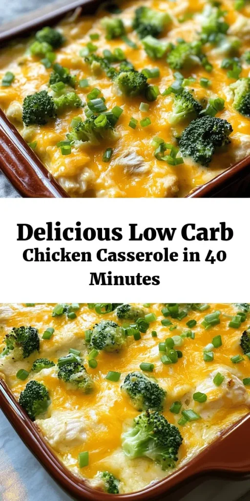 Discover the perfect dinner solution with this Easy Low Carb Chicken Casserole! Packed with tender shredded chicken, healthy broccoli, and cauliflower, this dish is topped with gooey cheddar cheese and a creamy blend of cream cheese and seasonings. Ready in just 40 minutes, it's a delicious, satisfying meal for the whole family. Garnish with green onions for an extra pop of flavor. Enjoy a healthy twist on comfort food that everyone will love!