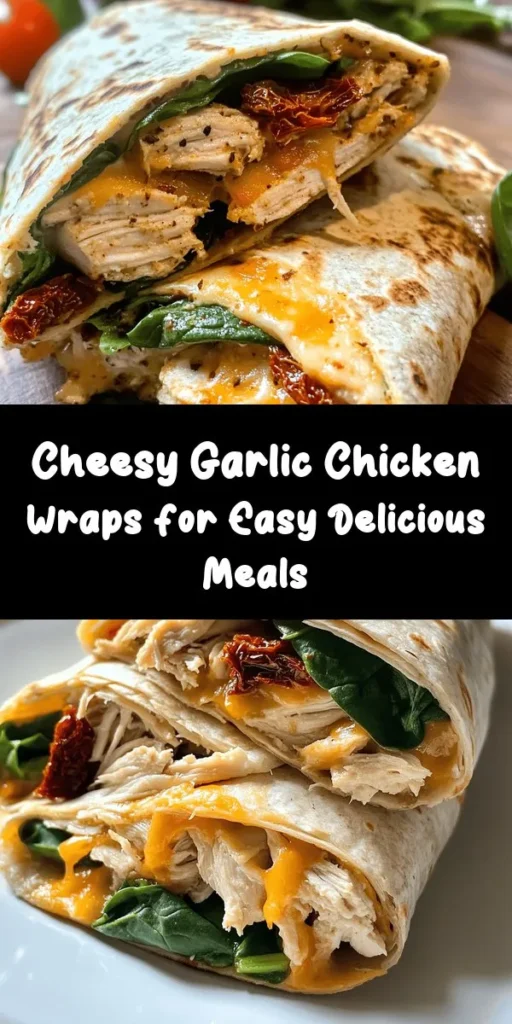 Enjoy a cheesy and delicious meal with these Cheesy Garlic Chicken Wraps! Perfect for a quick dinner or hearty lunch, these wraps are packed with tender shredded chicken, gooey mozzarella, and sharp cheddar cheese, all seasoned with garlic and Italian herbs. Layer on fresh spinach and sun-dried tomatoes for extra flavor, then grill to crispy perfection. Easy to make in just 25 minutes, these wraps are sure to become a family favorite!