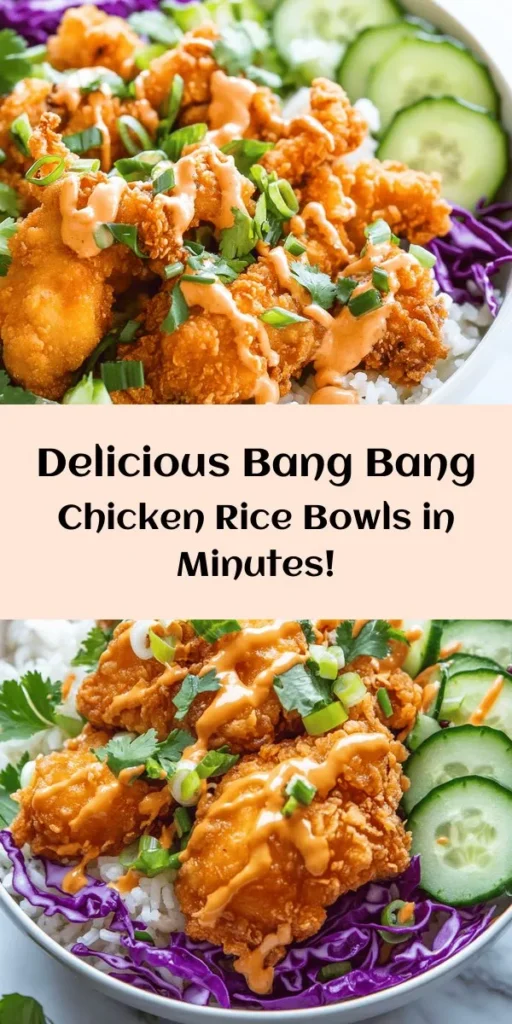Create a delicious and satisfying meal with these Bang Bang Chicken Bowls! Featuring flavorful marinated chicken thighs, crispy and golden from frying, served on a bed of rice and topped with fresh veggies like shredded cabbage and cucumbers. Drizzle with a creamy Bang Bang sauce for that irresistible kick. Perfect for a weeknight dinner or meal prep, this recipe is easy to follow and packed with flavor. Your taste buds will thank you!