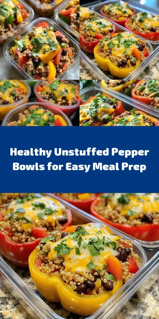 Create nutritious and flavorful Meal Prep Unstuffed Pepper Bowls with this easy recipe! Packed with ground turkey or beef, quinoa or rice, colorful bell peppers, and black beans, these bowls are a delightful weeknight dinner option. With a hint of spices and topped with cheese, they’re a complete meal that’s perfect for meal prep. Make your week easier with these delicious, easy-to-reheat bowls that are sure to impress!