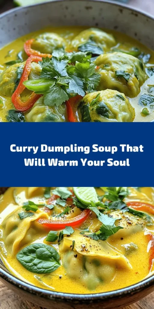Warm up your tastebuds with this delicious Curry Dumpling Delight Soup! Packed with vibrant flavors, this comforting dish features homemade dumplings filled with spinach, carrots, and mushrooms, all wrapped in a fragrant curry-infused broth. The creamy coconut milk adds richness, while fresh herbs and lime brighten every bite. Perfect for cozy dinners, this recipe is sure to impress! Get ready to enjoy a bowl of pure comfort!