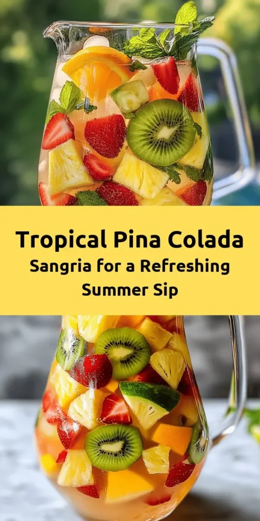 Escape to paradise with this Tropical Pina Colada Sangria! This refreshing blend combines white wine, coconut rum, and pineapple juice, mixed with juicy fruits like pineapple, kiwi, strawberries, and oranges. Perfect for summer gatherings or a fun evening at home, it’s easy to prepare and ready to chill in just over two hours. Serve over ice and garnish with fresh mint for a delightful tropical twist that will impress your guests!
