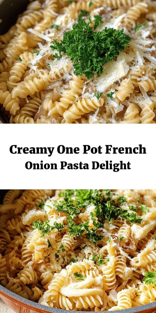 Discover the delicious comfort of One Pot French Onion Pasta! This simple recipe brings together caramelized onions, garlic, and savory broth with your favorite pasta, all cooked in one pot for easy cleanup. Finished with melted Gruyère and Parmesan cheese, it's creamy, cheesy, and bursting with flavor. Perfect for a cozy weeknight dinner, this dish serves 4-6 and can be made in just 30 minutes. Garnish with fresh parsley and enjoy a taste of France at home!