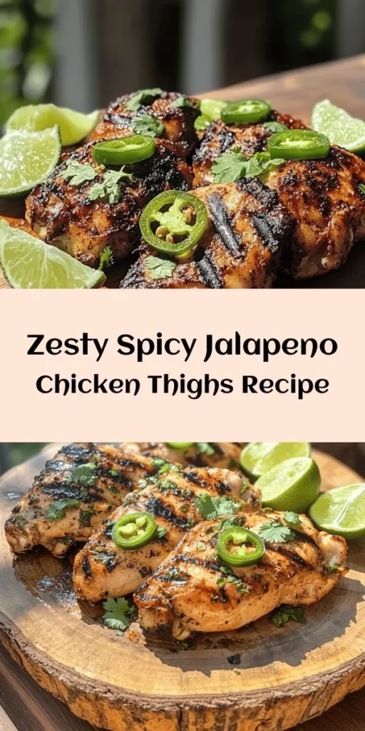 Spice up your dinner with this delicious Spicy Jalapeno Chicken recipe! Marinated in a zesty blend of lime juice, garlic, and jalapeños, these juicy chicken thighs are packed with flavor. Perfectly grilled or skillet-cooked, they make a fantastic meal for any night of the week. Garnish with fresh cilantro and serve with lime wedges for an extra kick. Easy to prepare, this dish is sure to impress family and friends! Enjoy a burst of flavor in every bite!