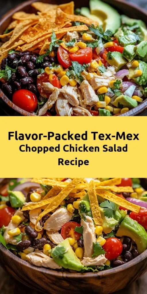 Elevate your mealtime with this vibrant Tex-Mex Chopped Chicken Salad! Packed with protein and colorful veggies, it's a delicious blend of chopped chicken, black beans, corn, cherry tomatoes, and avocado, all tossed in a zesty lime dressing. Topped with cheese and crunchy tortilla strips, this salad is quick to prepare and perfect for lunch or dinner. With just 15 minutes of prep time, you’ll have a filling and satisfying dish ready to impress!