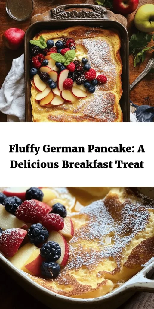 Indulge in a delightful Fluffy Baked German Pancake that's easy to whip up and perfect for breakfast or brunch! With just a few simple ingredients, it’s light, airy, and absolutely delicious. Bake it to golden perfection and top with powdered sugar and your favorite fresh fruits, along with a drizzle of maple syrup if you like. Ready in just 30 minutes, this pancake serves 4-6 and is sure to impress your family and friends. Try this simple recipe today!