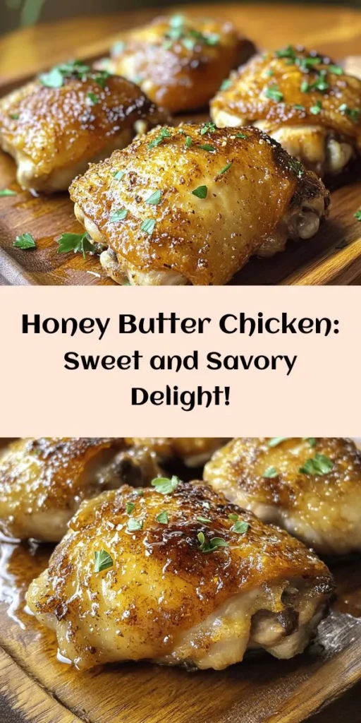 Indulge in the deliciously sweet and savory flavors of Honey Butter Chicken. This easy recipe features crispy, golden-brown chicken thighs coated in a rich honey butter sauce with a hint of garlic and optional cayenne for a touch of heat. Perfect for a family dinner or special occasion, this dish is sure to impress. Serve it up with your favorite sides and watch it disappear! Ready in just 1 hour, it's a meal everyone will love. 🍯🍗