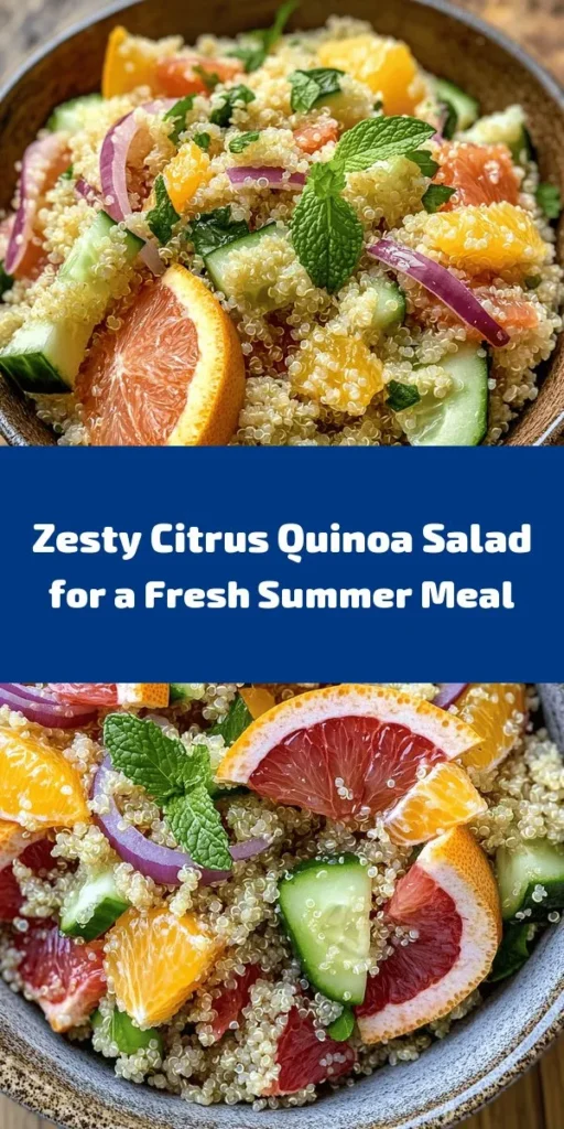 Freshly prepared and bursting with flavor, this Zesty Citrus Quinoa Salad is the perfect refreshing dish for any occasion! Simple to make, it combines fluffy quinoa with vibrant segments of orange and grapefruit, crisp cucumber, and aromatic mint. Drizzled with a light olive oil and honey dressing, this salad is a delightful balance of sweet and savory. Ideal as a side or a light main, it's perfect for summer picnics or meal prep. Enjoy this healthy treat that serves 4!