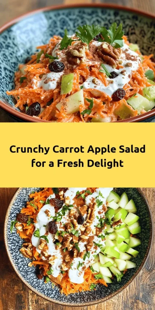 Discover the refreshing Crunchy Carrot Apple Delight, a vibrant salad that's both healthy and delicious! In just 15 minutes, you can whip up this colorful dish featuring grated carrots, tart apples, crunchy walnuts, and a creamy yogurt dressing. Perfect as a side or a light lunch, it’s packed with flavor and nutrients. Serve it chilled for a delightful crunch! Elevate your meal with this quick and easy recipe that everyone will love. Enjoy!
