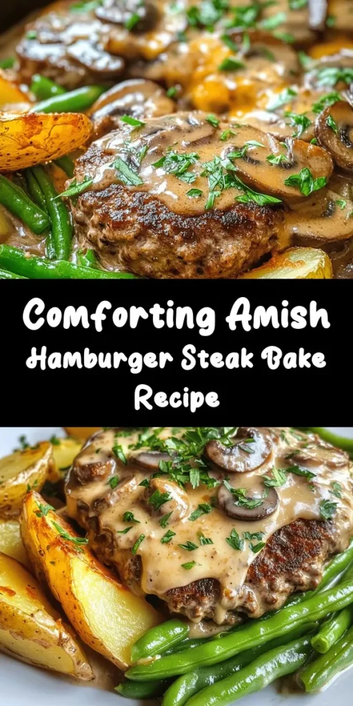 Savor the rich flavors of this Hearty Amish Hamburger Steak Bake that's perfect for family dinners! Made with ground beef, breadcrumbs, fresh green beans, and potatoes, it's layered with a creamy mushroom sauce for an unforgettable taste. This one-pan dish is easy to assemble and bakes to perfection in just over an hour. Top it off with cheese and fresh parsley for a delightful finish. Ideal for cozy nights or gatherings, your loved ones will be asking for seconds!