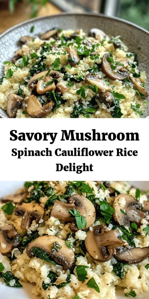 Discover a deliciously savory low carb dish with this Mushroom & Spinach Cauliflower Rice recipe! Packed with fresh spinach, earthy mushrooms, and riced cauliflower, it's a perfect keto-friendly meal option. Sautéed with garlic and onion for added flavor, it's easy to make and can be served as a side or main course. Ready in just 25 minutes, this dish is nutritious, satisfying, and sure to impress. Try it out for a healthy weeknight dinner!