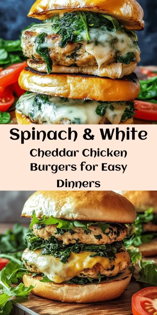 Looking for a delicious twist on classic burgers? Try these White Cheddar & Spinach Chicken Burgers! Made with ground chicken, fresh spinach, and creamy white cheddar, they are packed with flavor and nutrition. Easy to make in just 30 minutes, these juicy patties are perfect for a weeknight dinner. Serve them on toasted buns with your favorite toppings, and pair with sweet potato fries for a complete meal your family will love!