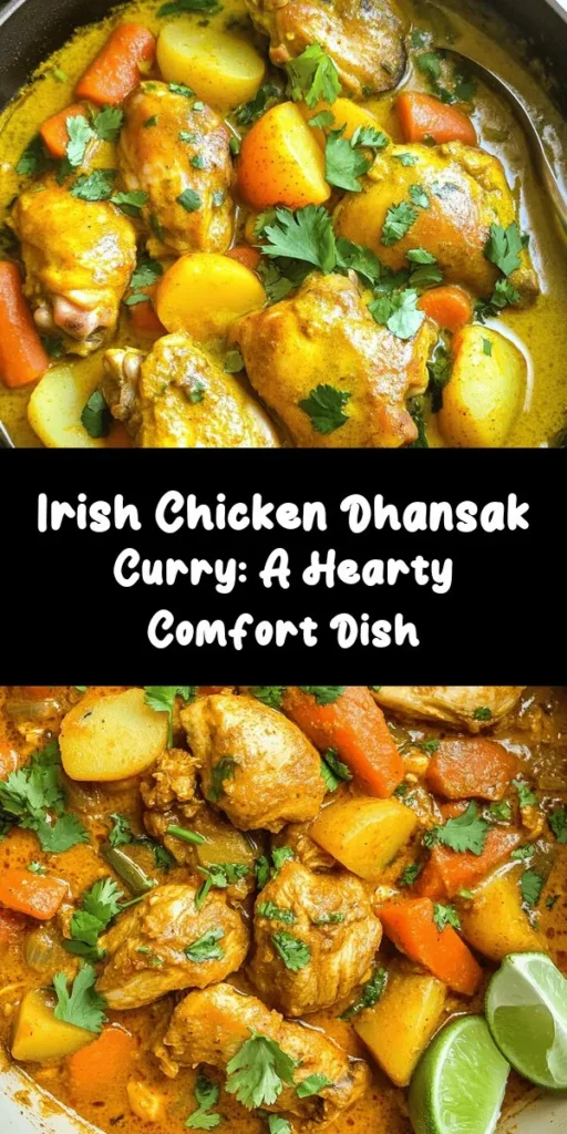 Experience the comforting flavors of a Hearty Irish Chicken Dhansak Curry that combines tender chicken with vibrant spices and veggies. This dish features red lentils, coconut milk, and a blend of aromatic seasonings that make it a perfect weeknight meal. Serve it hot alongside rice or naan, and don’t forget the fresh cilantro and lime wedges for a burst of flavor. Easy to make and delicious, it's a delightful twist on a classic curry. Enjoy!