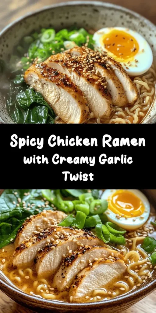 Dive into a bowl of Fiery Chicken Ramen with Creamy Garlic Sauce that packs a flavorful punch! This easy recipe combines tender chicken, instant ramen, and a rich broth infused with gochujang and sriracha. Topped with fresh spinach, a soft-boiled egg, and garnished with green onions and sesame seeds, it's a perfect comforting meal. Simple enough for a weeknight dinner yet indulgent enough for special occasions. Enjoy some spicy goodness tonight!