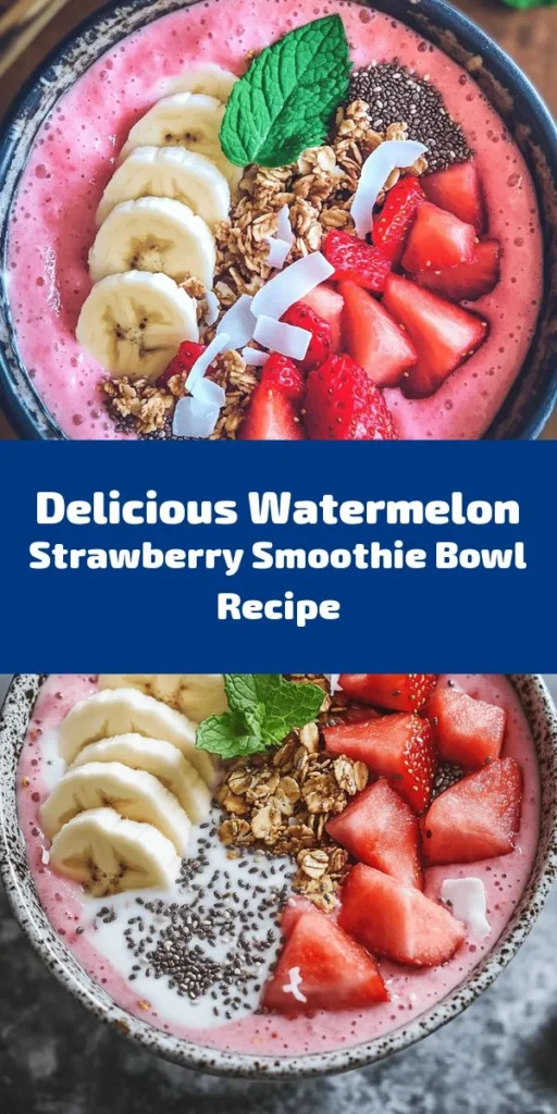 Brighten your morning with this refreshing Watermelon and Strawberry Smoothie Bowl! Made with juicy watermelon, sweet strawberries, and creamy Greek yogurt, this bowl is both delicious and nutritious. Blend your ingredients, customize with your favorite toppings like granola, chia seeds, and fresh mint, and enjoy a vibrant meal in just 10 minutes. Perfect for breakfast or a healthy snack! Dive in and savor the flavors!