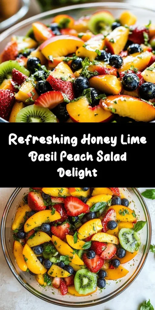 Brighten your day with this refreshing Honey Lime Basil Peach Fruit Salad! Packed with ripe peaches, strawberries, blueberries, and kiwi, this vibrant dish is drizzled with a sweet honey lime dressing and finished with fresh basil for a unique twist. Perfect for summer picnics or a light dessert. Quick to prepare in just 15 minutes, this salad is a delightful way to enjoy seasonal fruits. Try it out and elevate your fruit game!